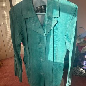 Green Leather Jacket with Notched Lapel Collar